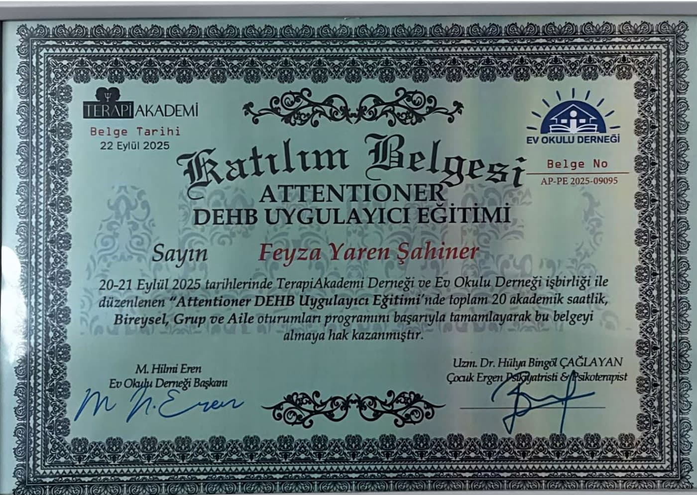 Attentioner DEHB Uygulayıcı Eğitimi (20 saat) — TerapiAkademi Derneği ve Ev Okulu Derneği tarafından verilen sertifika