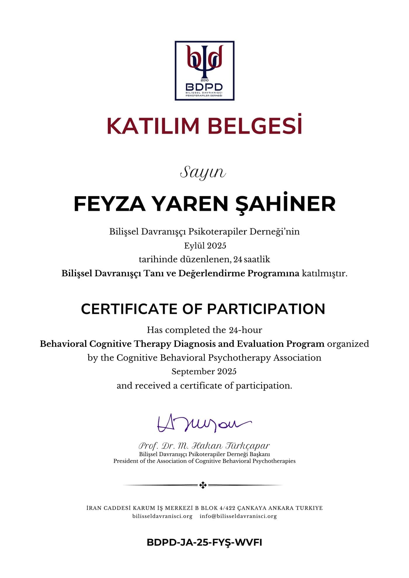 Bilişsel Davranışçı Tanı ve Değerlendirme (24 saat) — Bilişsel Davranışçı Psikoterapiler Derneği tarafından verilen sertifika