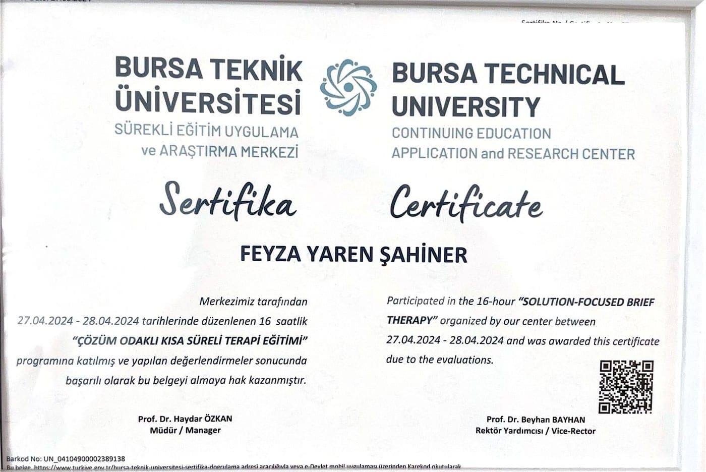 Çözüm Odaklı Kısa Süreli Terapi Eğitimi (16 saat) — Bursa Teknik Üniversitesi Sürekli Eğitim Merkezi tarafından verilen sertifika