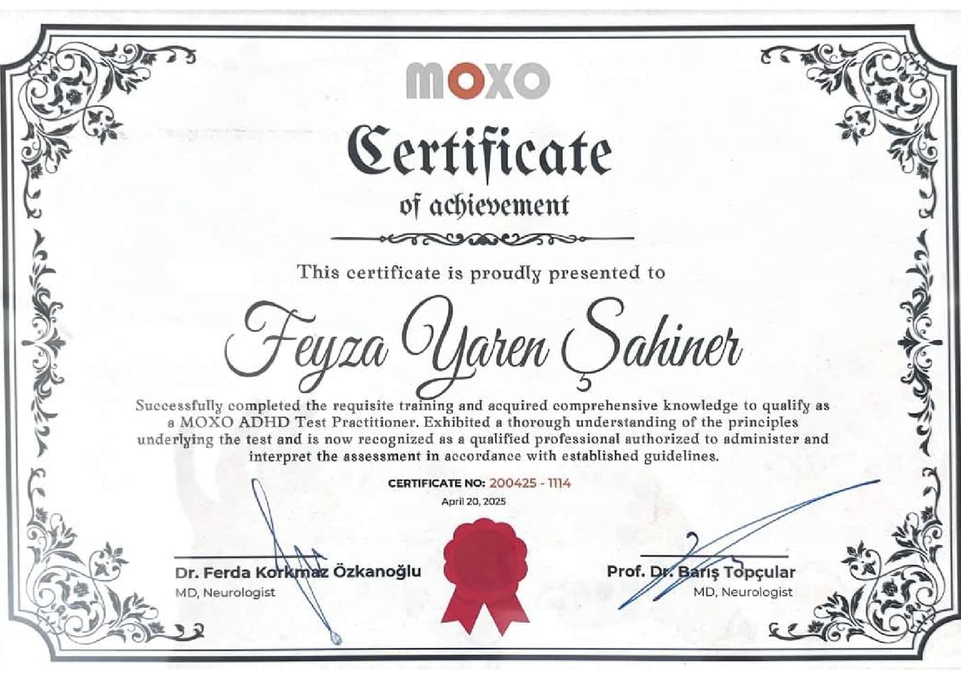 MOXO d-CPT Dikkat Testi Uygulayıcı Sertifikası — MOXO tarafından verilen sertifika