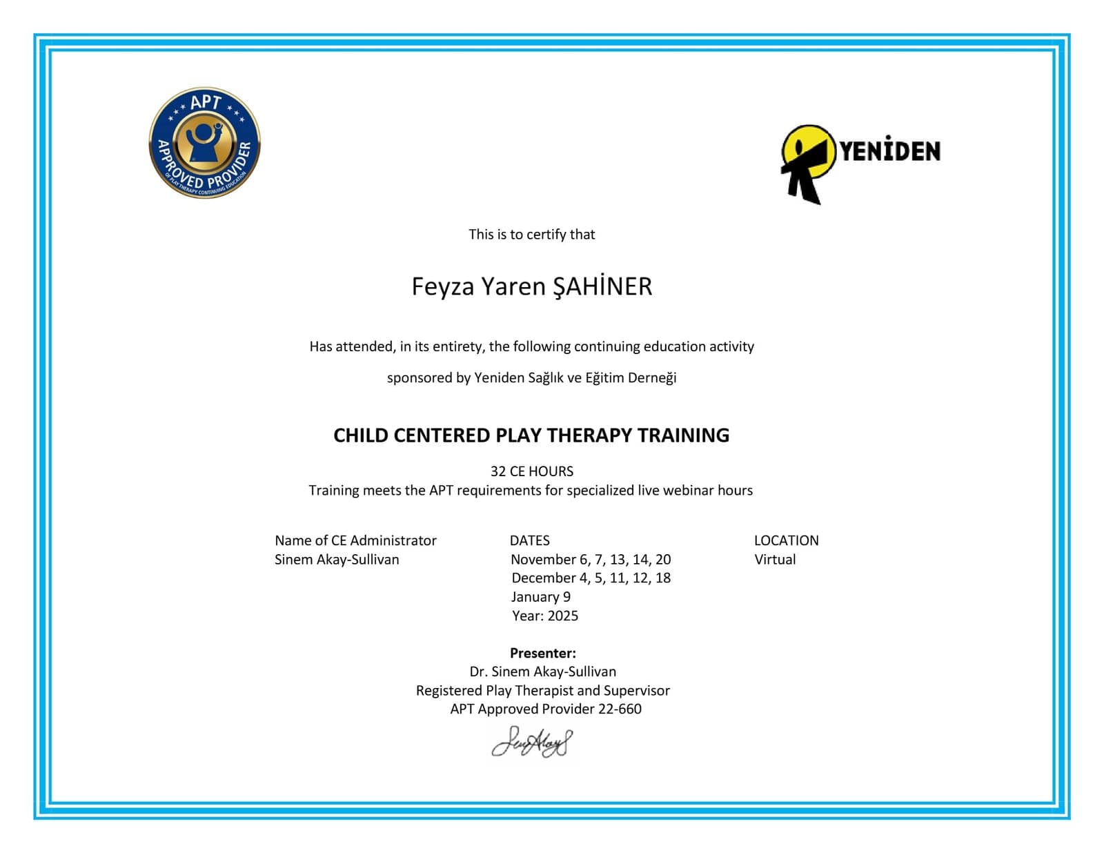 Çocuk Merkezli Oyun Terapisi Uygulayıcı Eğitimi (32 CE saat) — Association for Play Therapy (APT) onaylı tarafından verilen sertifika